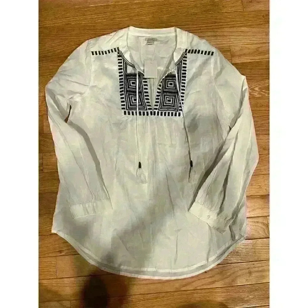 J.Crew Women's Embroidered Blouse White Geometric Split Neck Long Sleeve Size S